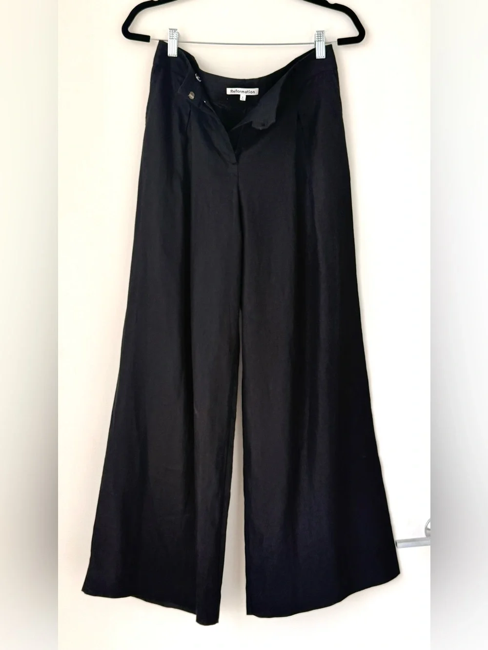 NWOT Reformation Asher Trousers 100% Linen Wide Leg w/Pockets Black Size 2